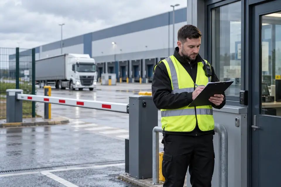 Illustrative scene of a security officer checking deliveries at an industrial gatehouse