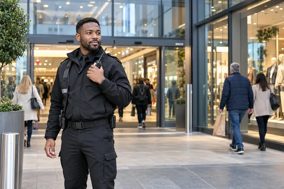 Illustrative scene of a security officer at a shopping centre entrance