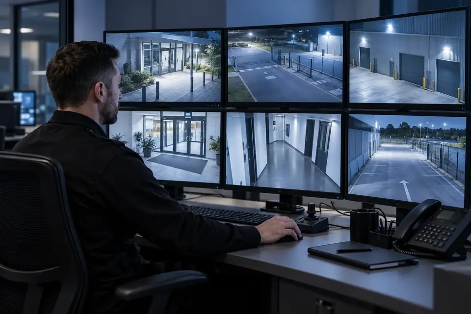 Illustrative scene of an operator monitoring commercial premises in a CCTV control room