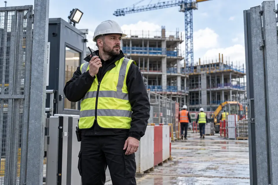 Illustrative scene of a security officer wearing PPE at a construction site entrance